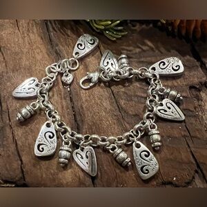 Brighton Charm Bracelet Fine Silver Plated Chain Links .999 Heart Tags 8”